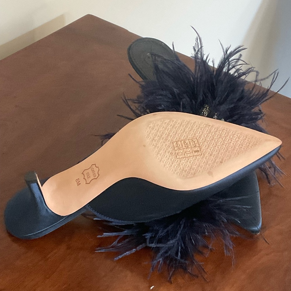 Elegant Navy Tory Burch Feathered Embellished Silk Mule Heels, size 8 - Picture 3 of 4